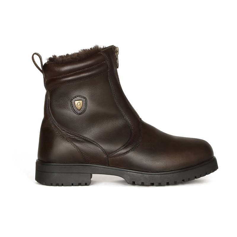 Moretta Atri Zip Country Boot—brown waterproof leather, side zipper, faux fur lining, side view.