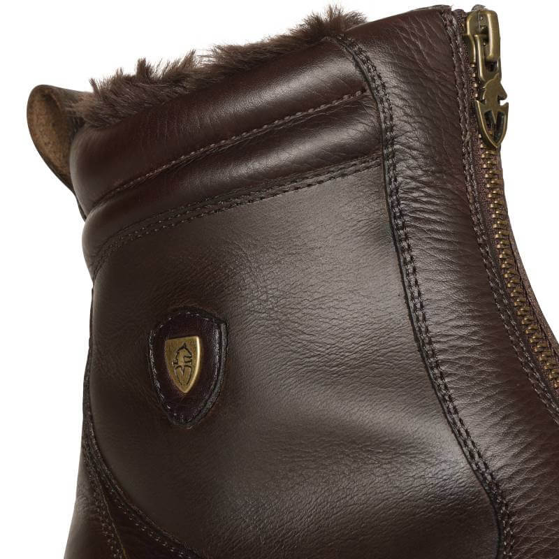 Close-up of Moretta Atri Zip Country Boots in brown waterproof leather with side shield logo.