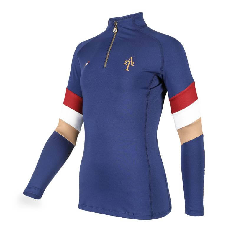 Shires Aubrion Team Navy base layer for young riders with striped sleeves and front zipper.