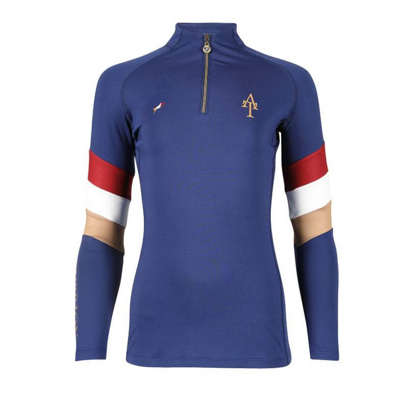 Shires Aubrion Team Navy Long Sleeve Base Layer, red/white arm bands, UPF50+.