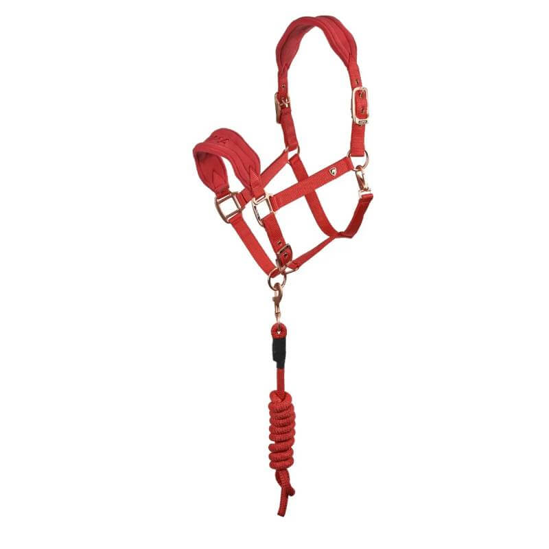 Shires Arma Comfy Fleece Headcollar & Rope Coral with durable metal buckles and hardware.