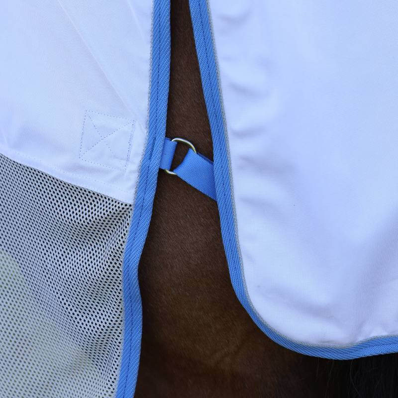 Close-up of a horse in a Shires Tempest Original Fly Mesh Combo Rug Sky for fly protection.