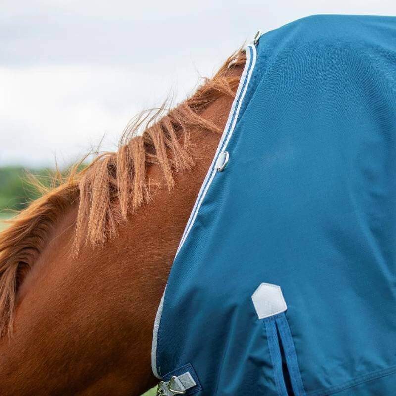 Chestnut horse in a Shires Highlander Ocean turnout rug stands in a grassy field with trees.