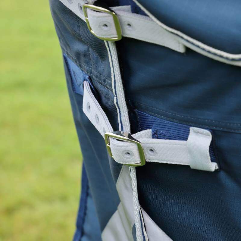 Close-up of Shires Highlander 50g Standard Neck Turnout Rug Ocean on green grass.