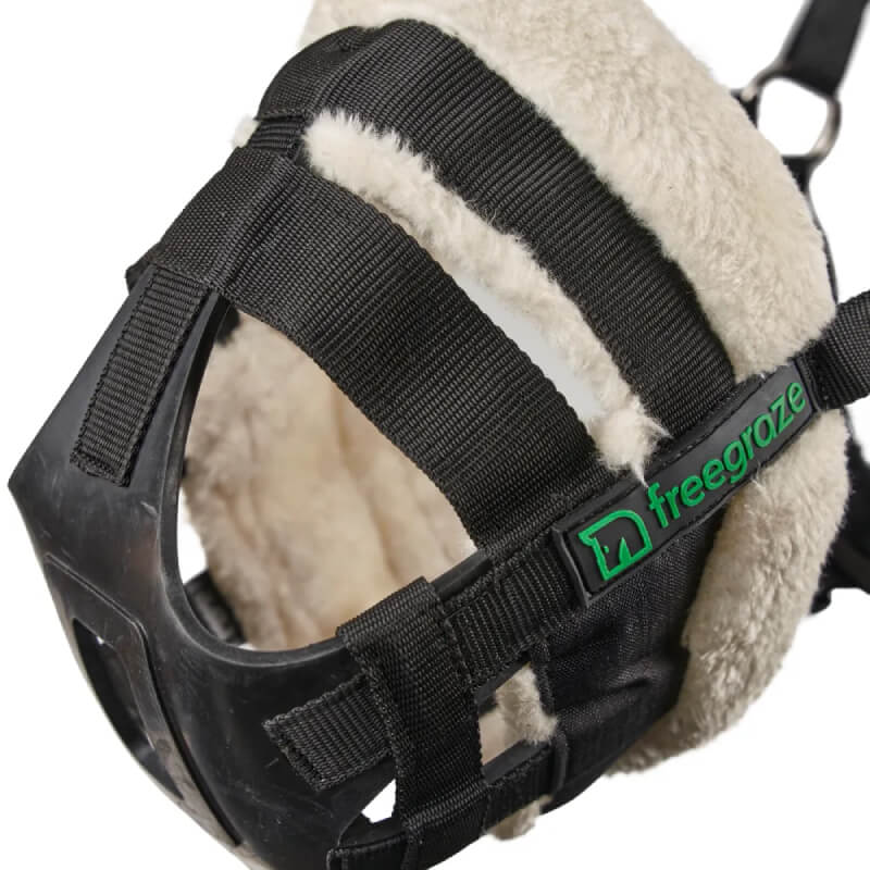 Shires FreeGraze AirFlow Grazing Muzzle with black straps and fleece lining for airflow.