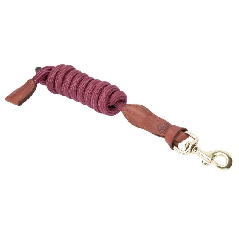 Shires Velociti Leather Lead Rope 2m with brass snap hook and leather ends, neatly coiled.