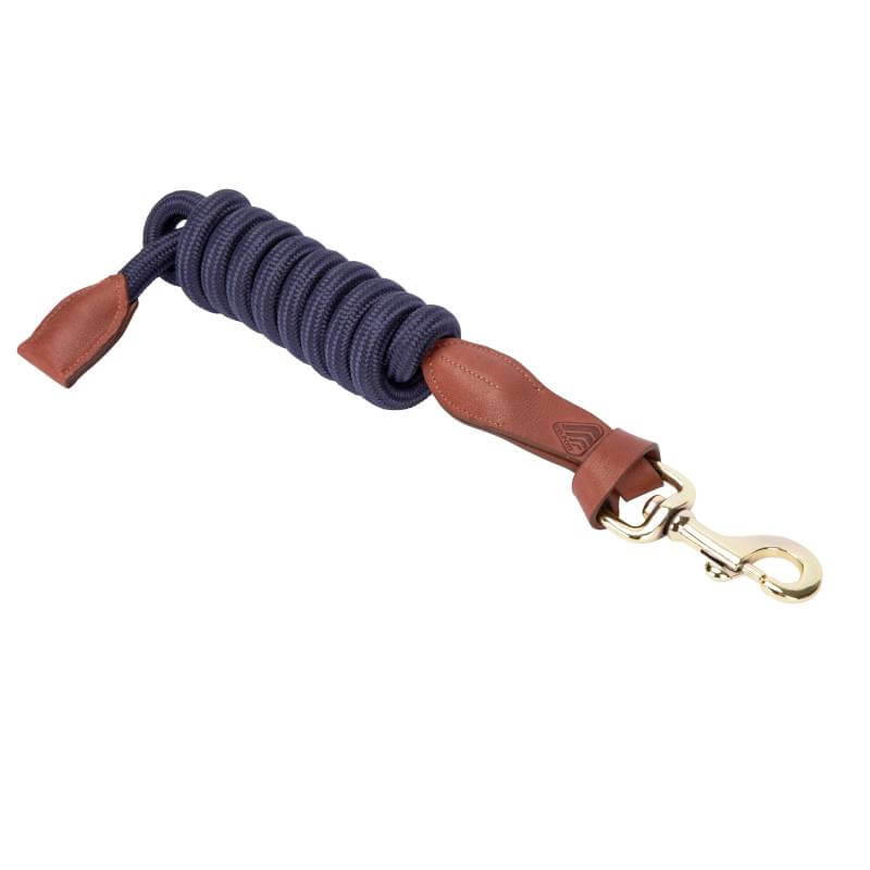 Shires Velociti Leather Lead Rope 2m in navy blue with brown accents and brass trigger clip.