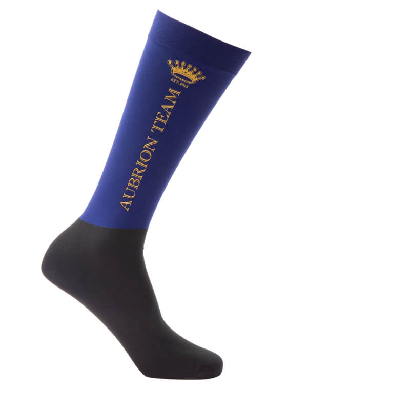 Aubrion Team Socks Midnight: blue/black, moisture wicking, gold crown side detail.