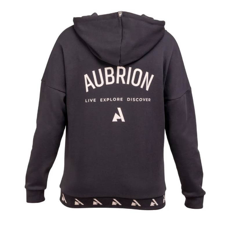 Aubrion React Hoodie YR Shadow: black French terry, front pocket, small white logo.