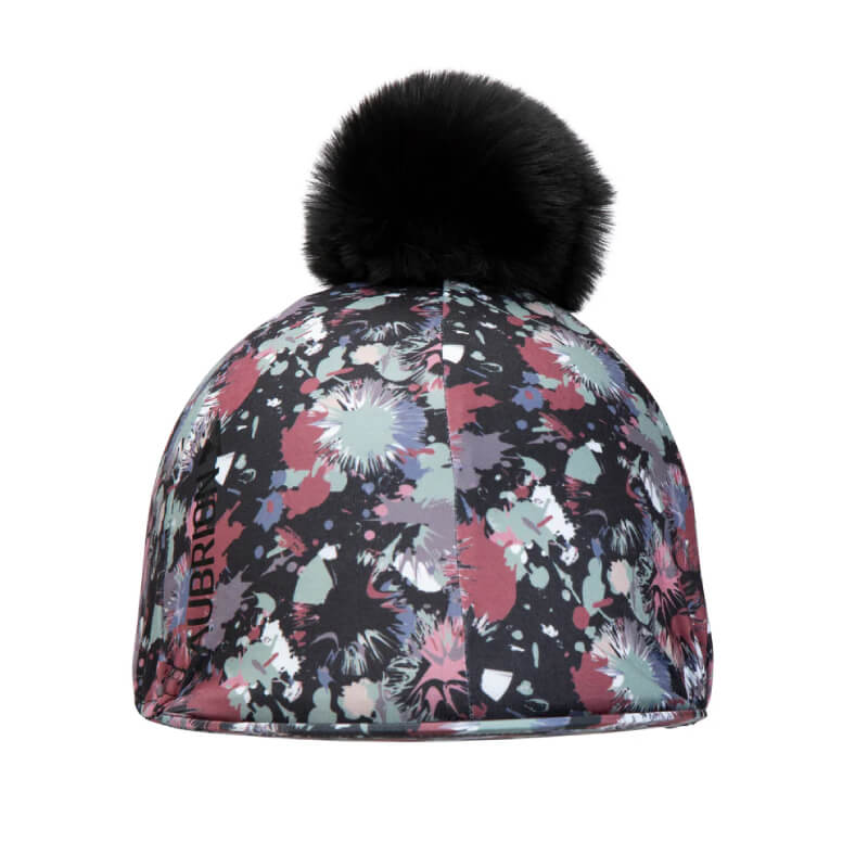 Aubrion React Hat Cover Abstract with vibrant floral design and large black faux fur bobble.