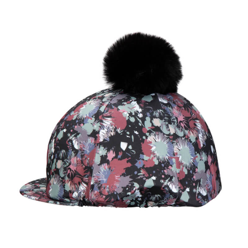 Aubrion React Hat Cover Abstract with black faux fur bobble, side view.