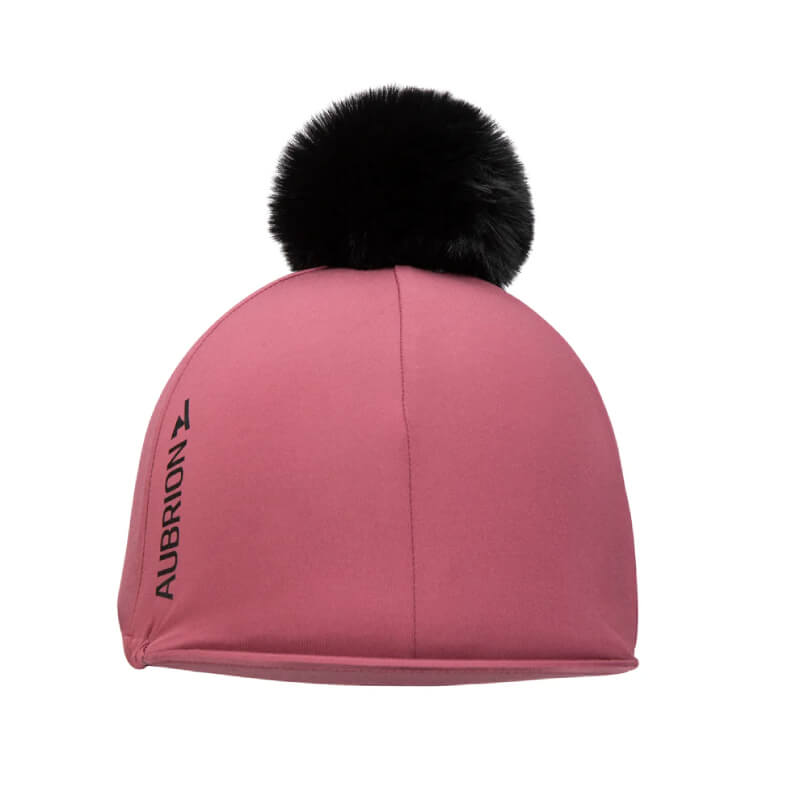 Aubrion React Hat Cover Mauve with stretch fabric and black faux fur bobble.