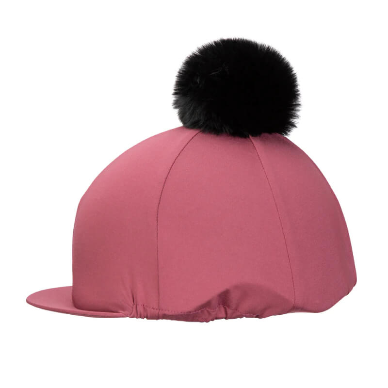 Aubrion React Hat Cover Mauve with stretch fabric and black faux fur bobble on top.