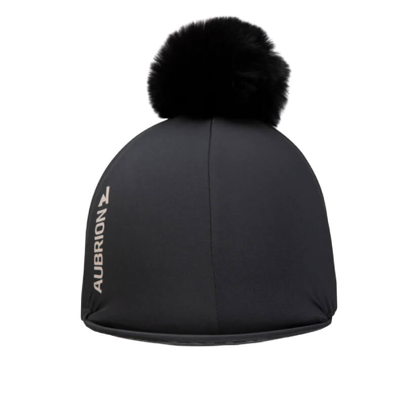Aubrion React Hat Cover Shadow: black stretch fabric with faux fur bobble and side logo.