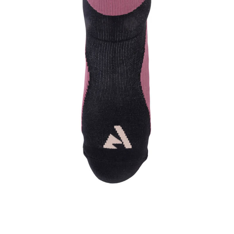 Aubrion React Technical Socks Mauve—black/pink knee socks with white triangle logo near toe.