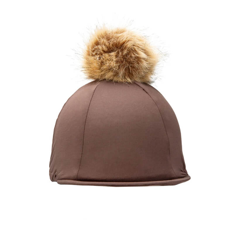 Aubrion Team Hat Silk Umber with faux fur pom pom, side view.