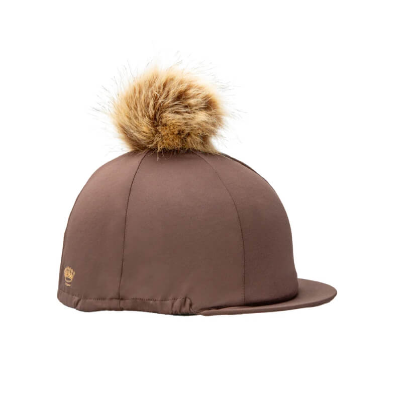 Aubrion Team Hat Silk Umber with faux fur pom pom, side view.
