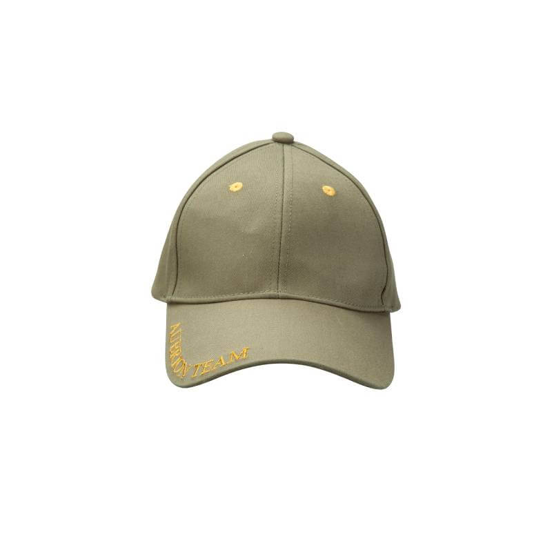 Aubrion Team Cap Moss: olive green cotton canvas with yellow text and adjustable strap.