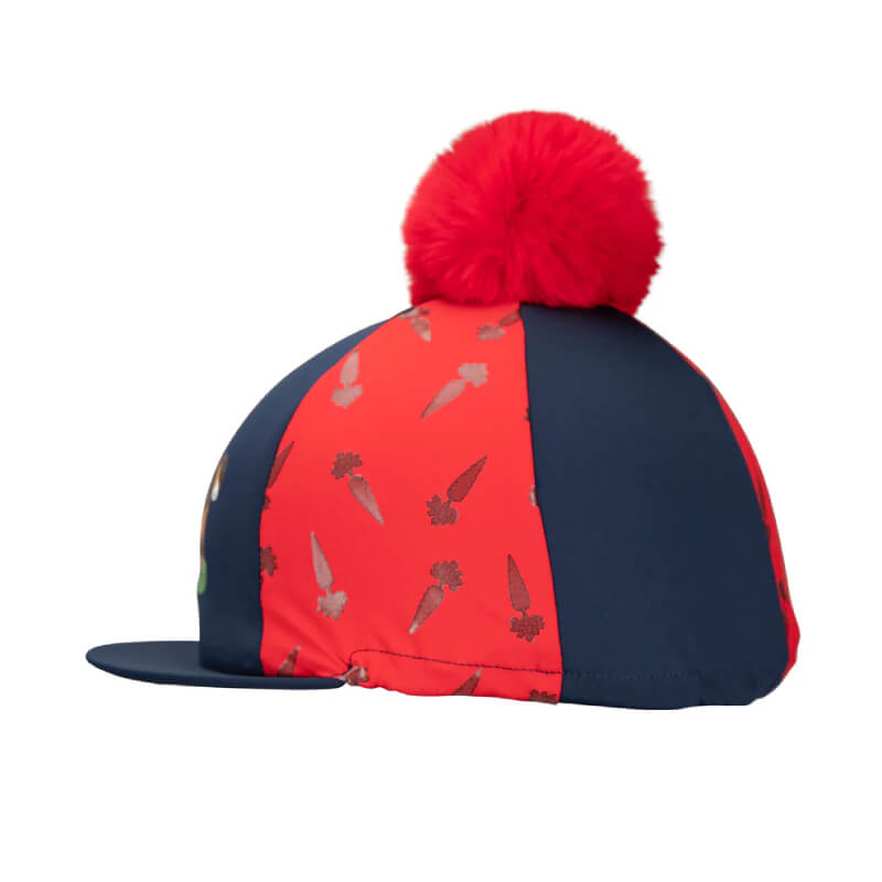 Shires Winnie & Me Childs Hat Silk Navy/Red with red pom-pom and carrot pattern.