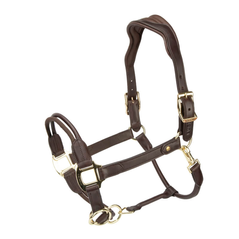 Shires Velociti Lusso Soria Control Leather Headcollar Havana shown on a white background.