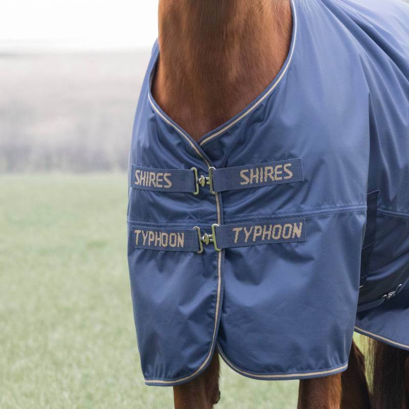 Chestnut horse in Shires Typhoon Light Turnout Rug Navy stands on grass in an open field.