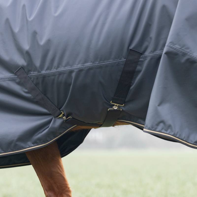 Close-up of a horse in the Shires Typhoon Light Weight 50g Turnout Rug with secure belly straps.