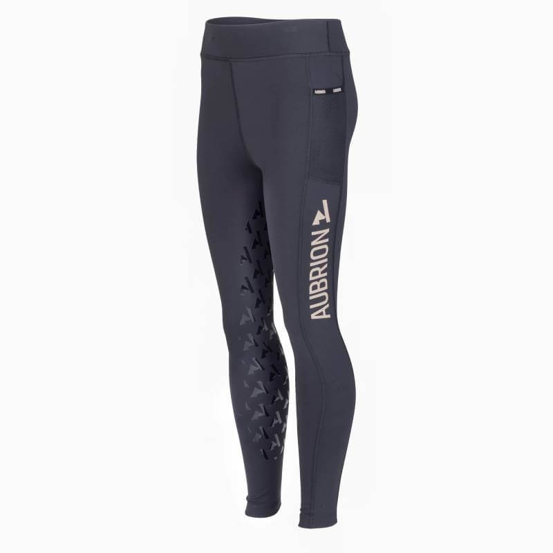 Aubrion React Non-Stop Riding Tights YR Shadow with arrow print, side pocket & silicone grips.