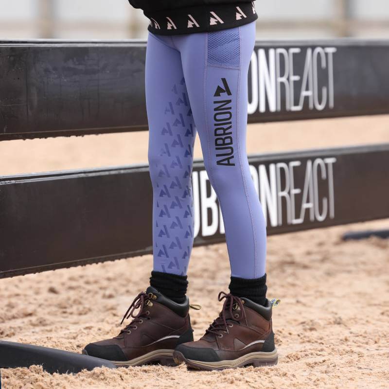 An equestrian in Aubrion React Non-Stop Riding Tights YR Sky by a black fence.