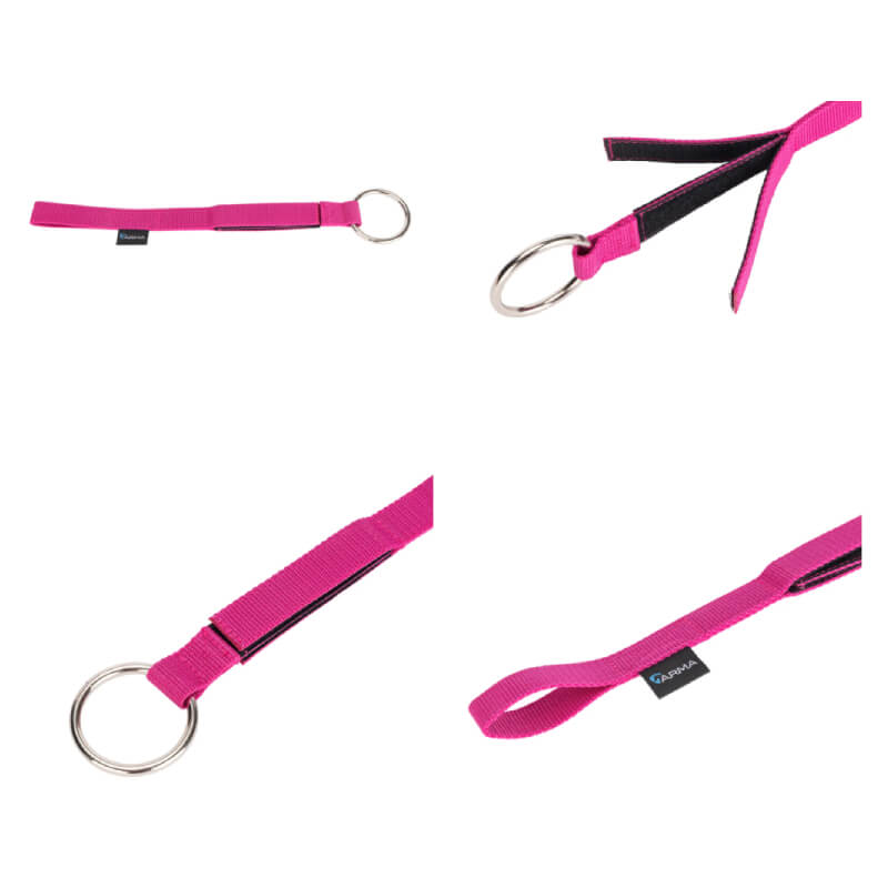 Shires Arma Breakaway Tie, pink fabric with metal ring, shown from four angles.