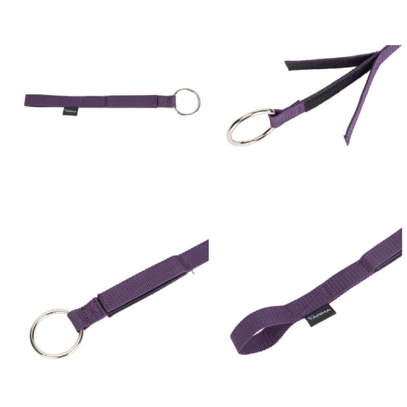 Shires Arma Breakaway Tie: purple fabric strap with metal ring, shown from four angles.