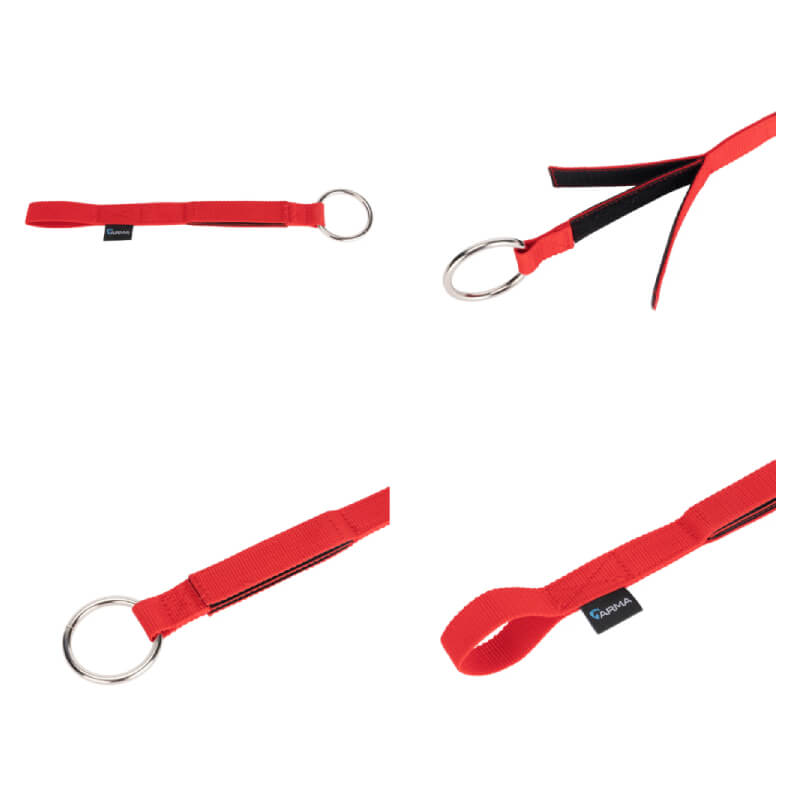 Four views of the Shires Arma Breakaway Tie, a red fabric keychain loop with metal ring and black tag.