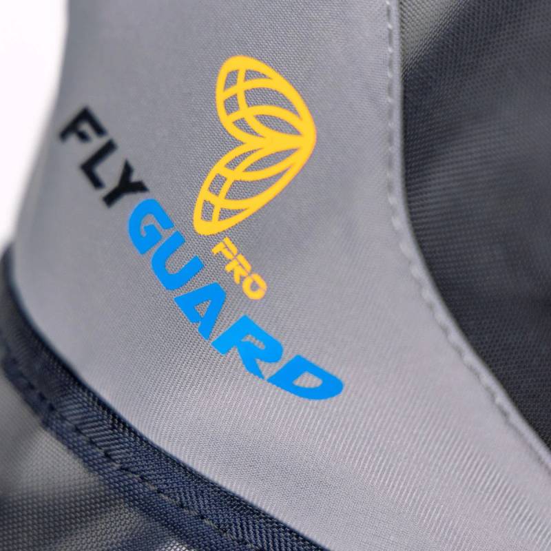 Close-up of Shires FlyGuard Pro Fine Mesh Navy Fly Mask with ears and nose for UV protection.