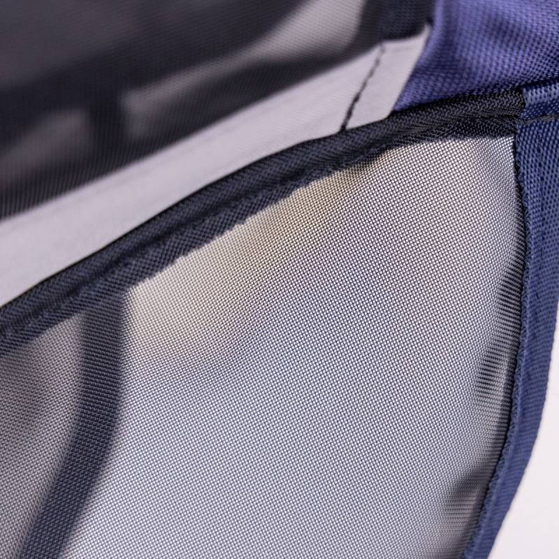 Close-up of Shires FlyGuard Pro Fine Mesh Fly Mask with Ears & Nose in navy and gray for UV protection.