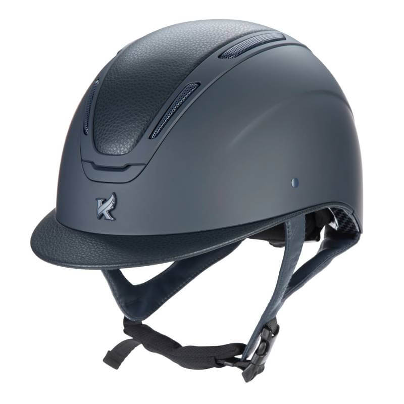 Shires Karben Amity LTHR Riding Hat Navy with chin strap, front view.