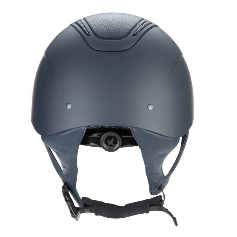Shires Karben Amity LTHR Riding Hat Navy with chin strap, viewed from the back.
