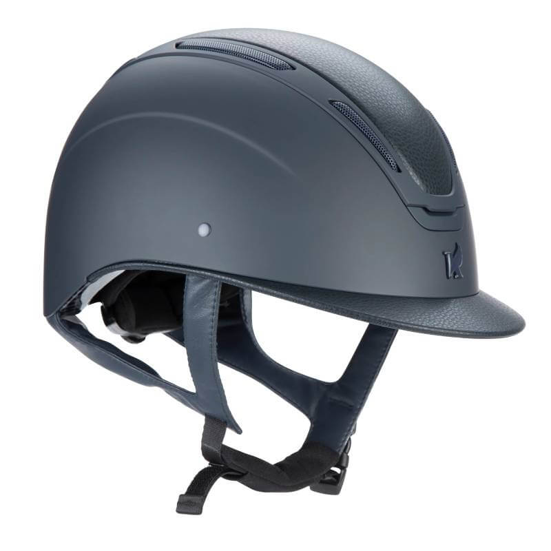 Shires Karben Amity LTHR Riding Hat Navy with chin strap and ventilation panels.