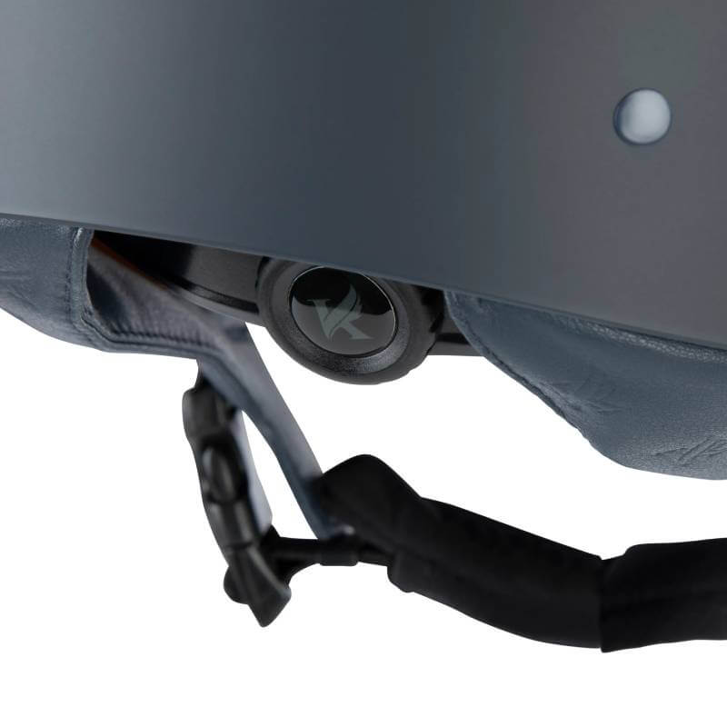 Close-up of Shires Karben Amity LTHR Riding Hat Navy’s chin strap and adjustment dial.