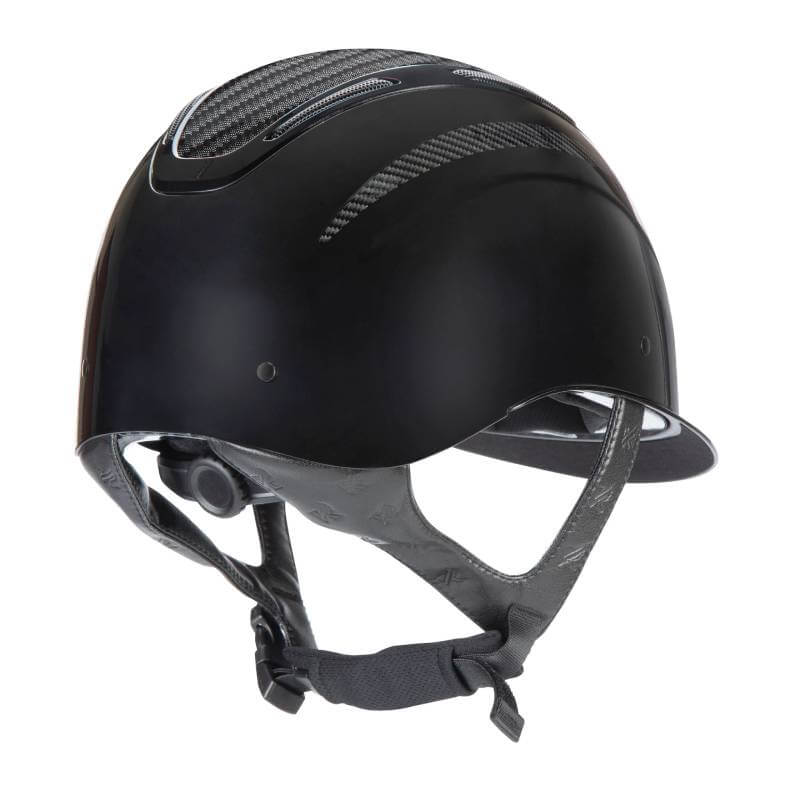Shires Karben Amity ELMT Riding Hat Black with chin strap and carbon fiber detailing.