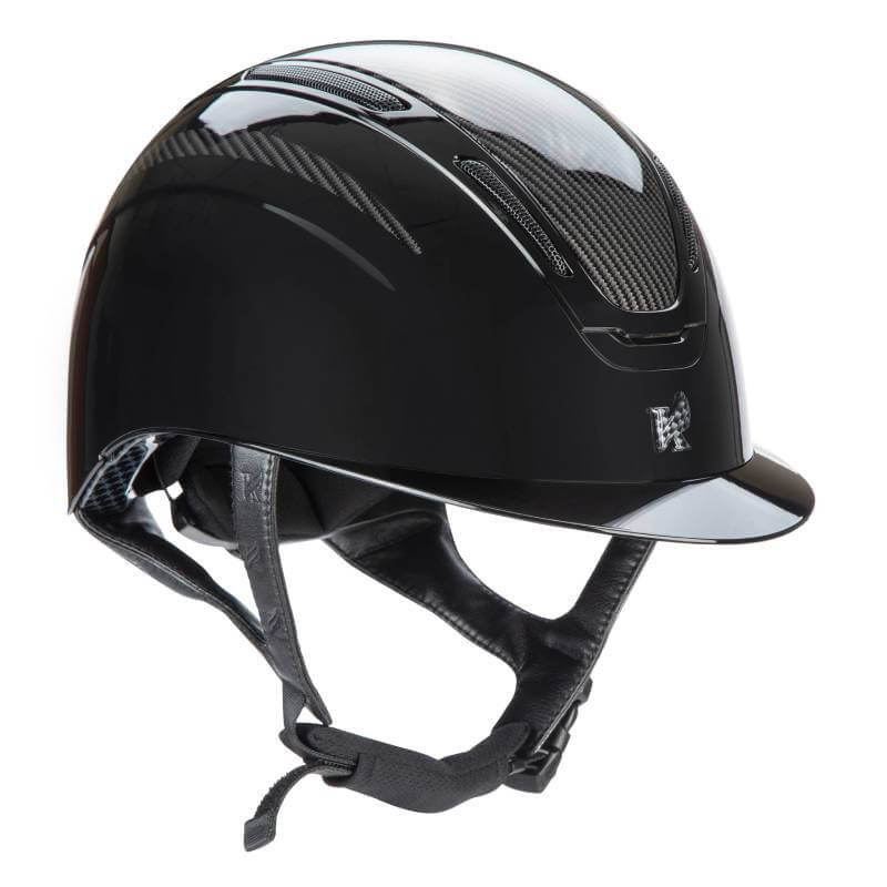 Shires Karben Amity ELMT Riding Hat Black with chin strap and glossy finish on white background.