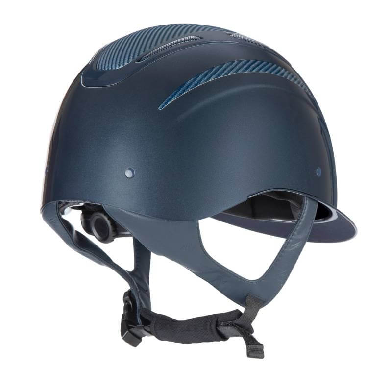 Shires Karben Amity ELMT Riding Hat Navy, visor and adjustable chin strap, side view.