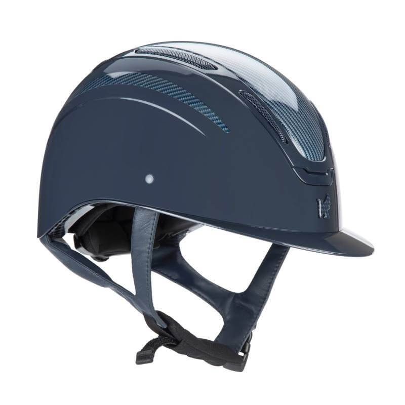 Shires Karben Amity ELMT Riding Hat Navy with chin strap and ventilation panels, side view.