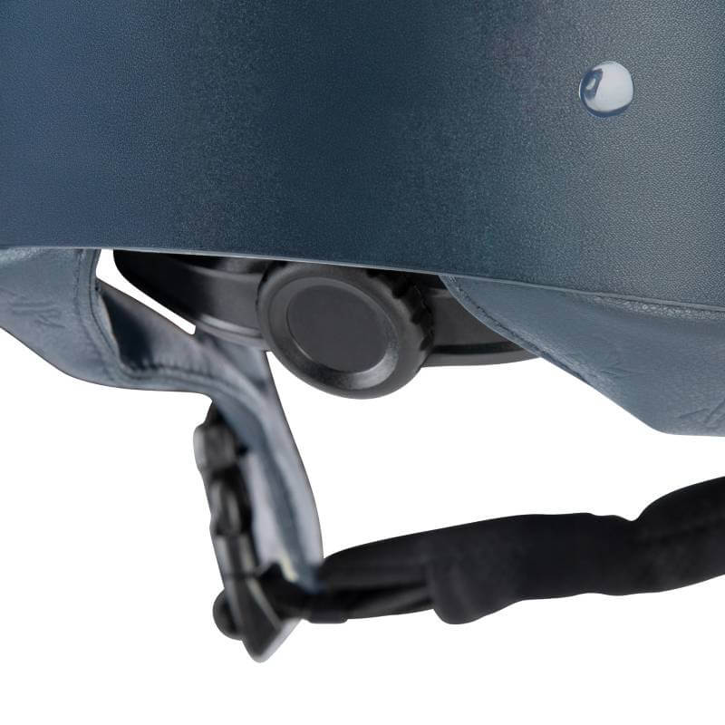 Close-up of the Shires Karben Amity ELMT Riding Hat Navy with adjustable strap and dial.