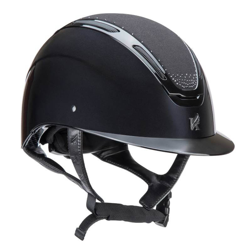 Shires Karben Amity SPKL Riding Hat Black, side view with chin strap and ventilation.