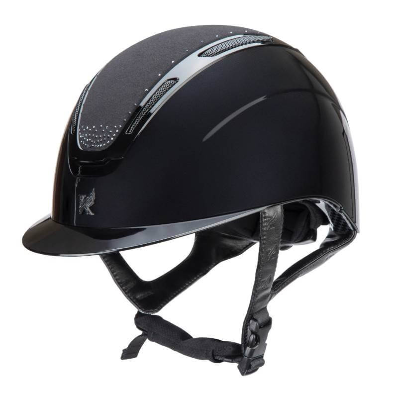 Shires Karben Amity SPKL Riding Hat Black with adjustable chin strap.