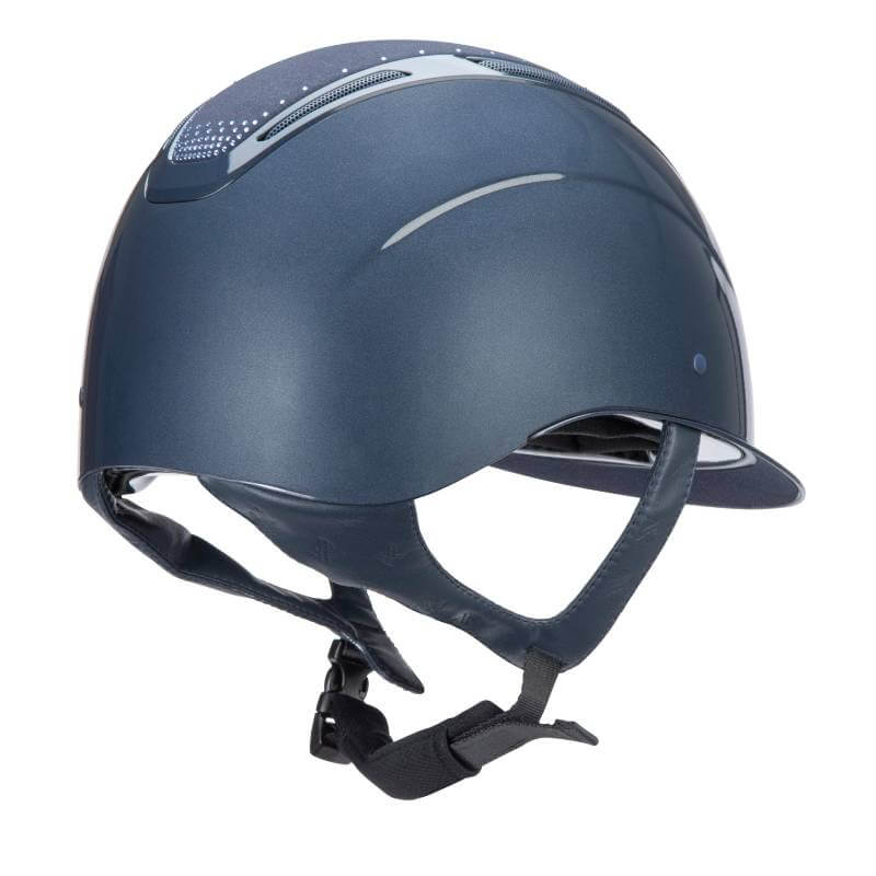 Navy Shires Karben Amity SPKL Riding Hat with chin strap and glossy finish.