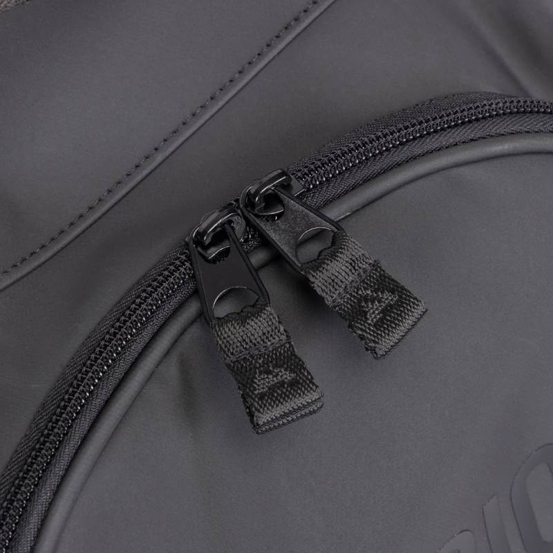 Close-up of two black zippers on the Aubrion React Long Boot Bag Black with padded protection.