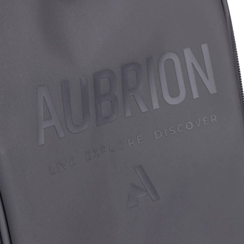 Close-up of text on Aubrion React Long Boot Bag Black reading Aubrion Live Explore Discover.