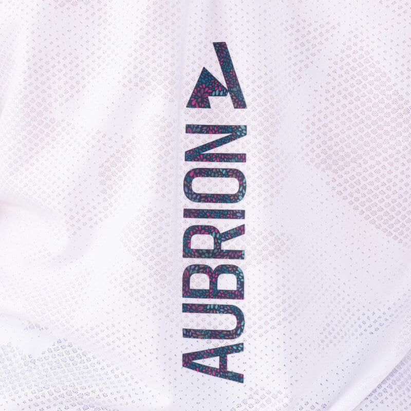 Aubrion React Tech T-Shirt White with dark logo and pattern on a breathable shirt background.