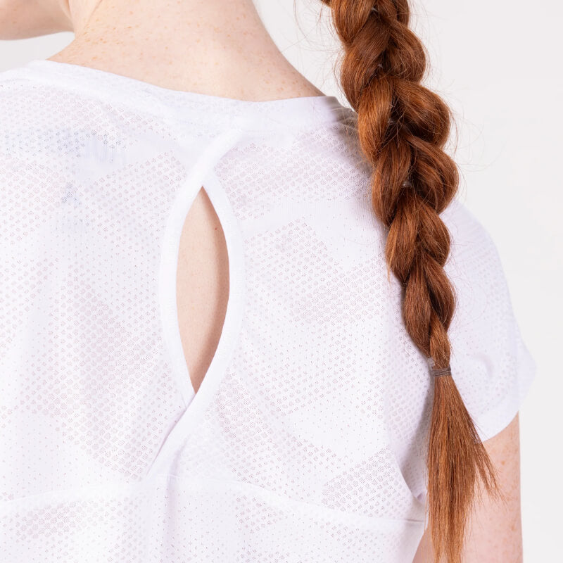 Close-up of a person with a red braid wearing an Aubrion React Tech T-Shirt White.