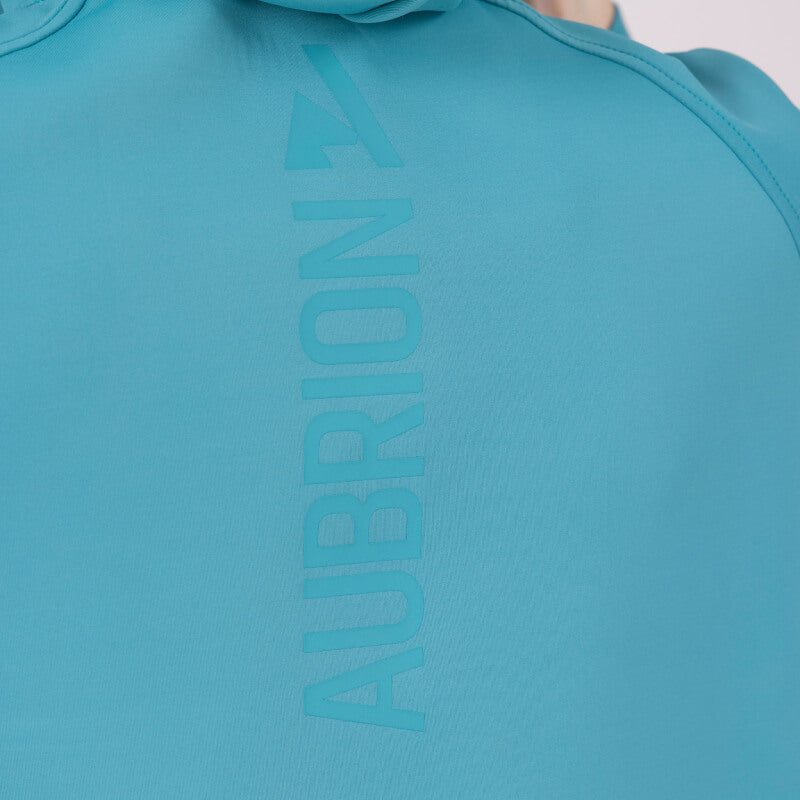 Aubrion React Quarter Zip Hoodie Haze: Women’s stretch hoodie in light blue with bolt print.
